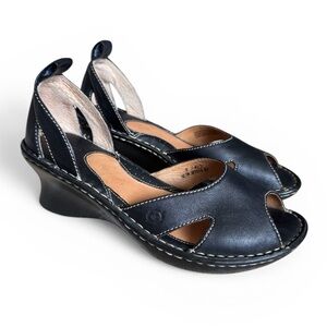 Born Leather Cutout Wedge Sandals Black Comfort Open Toe Size 9